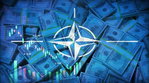 Nato Flag On Economic Background With Decrease Bar Chart Graph And Arrow