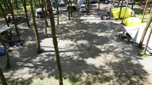 Nature's Retreat in Lembang, Drone View of Tranquil Camping Site Amidst Majestic Pine Forest