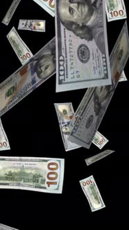 Falling Money Rain Loop - American 100 Dollars Modern Bills - II - Vertical Screen - Alpha Channel