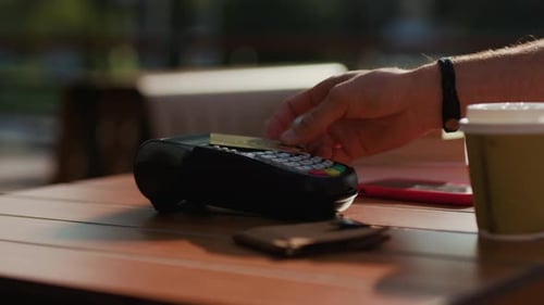 In Cafe Hands Man Payment with Credit Card Customer Hold Phone Finance Money Paying Financial