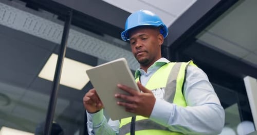 Construction, thinking and black man on tablet in office for inspection, renovation idea and report