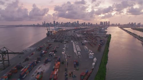 Miami, Florida Circa-2019. Aerial View of Miami at Sunset. From Helicopter