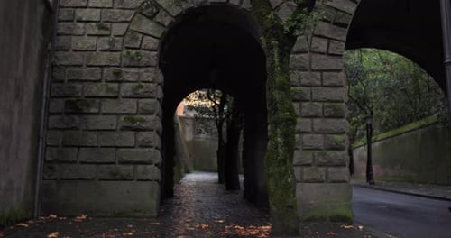 Background Video of a Pedestrian Passage in a Tunnel in a Stone Wall