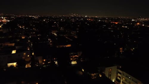 Large City at Night Fly Above Metropolis in Flat Landscape Houses in Urban Borough