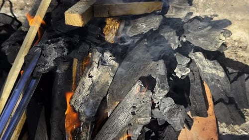 Burning Charcoal and Wood with Fire Flames