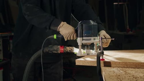 Woodworker Cuts Board with Handheld Router