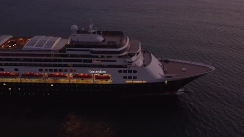 Cruise Ship Sailing at Sunset, Aerial Shot