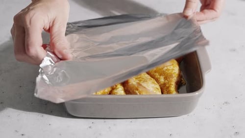 Hands Sealing a Ceramic Baking Dish with Plastic Wrap to Prepare Food