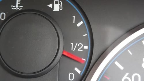 Fuel Gauge Car Dashboard Fills up. When Tank is Full or Vehicle Activated. Close Up petrol meter on