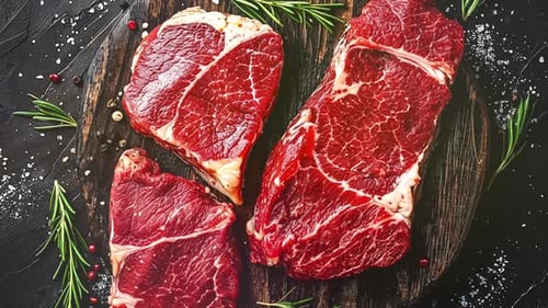 Marbled Raw Beef Steaks on Wooden Board