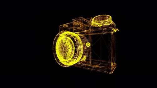 Holograma de cámara vintage con estructura alámbrica brillante de neón amarillo en 3D