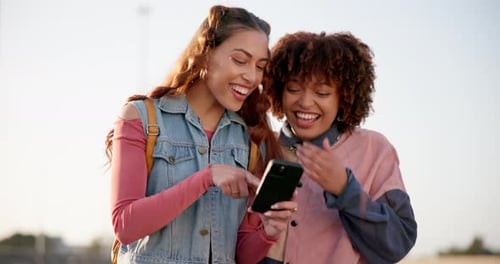 Phone, social media and laughing with women in city for networking, communication and streaming