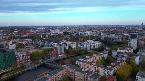 Berlin cityscape with Spree river, Tv Tower. Beautiful aerial view flight drone