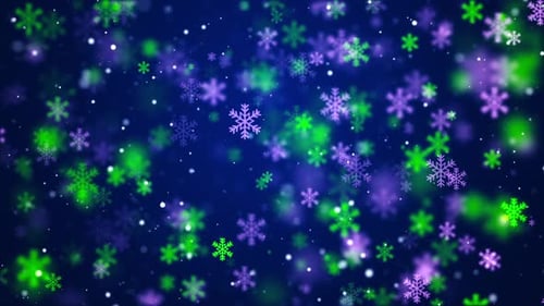 Falling Purple Green Snowflakes Holiday Winter Background Loop