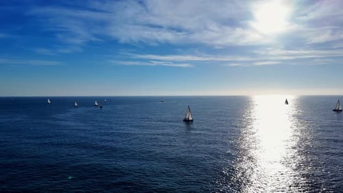 Sun-Dappled Sailboats Gliding Across A Calm Ocean on a Bright Day