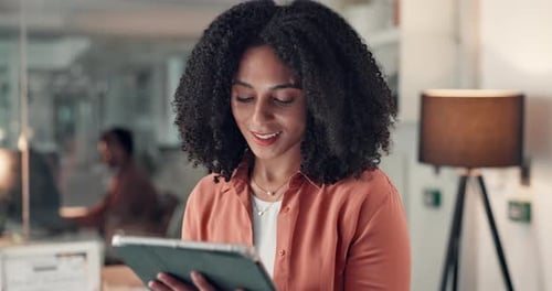 Tablet, research and thinking with business woman in office for magazine editor