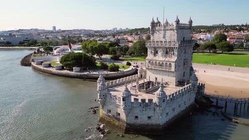 Belem Tower (Torre de Belém) in Portugal Seen from the Sky: A Clear Day in Lisbon.