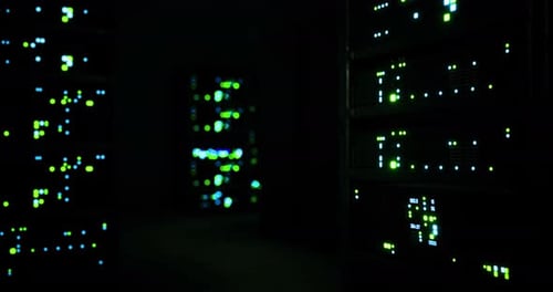 Dynamic Server Rack Blinking Lights in Dark Data Center