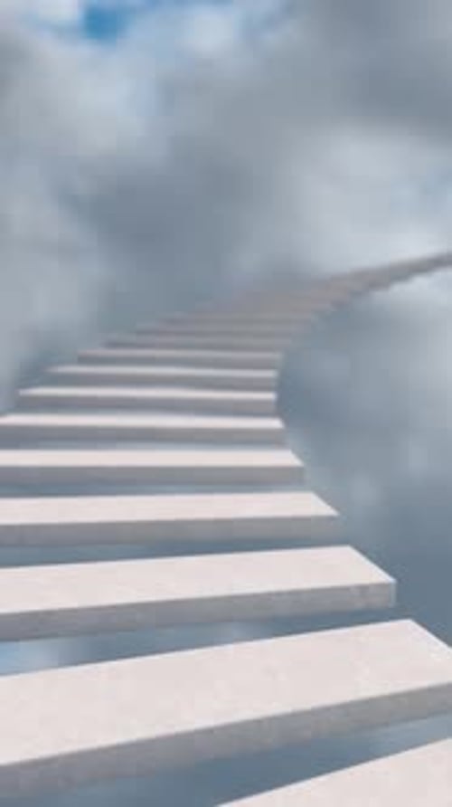 White Staircase Ascending to an Opening Door in Ethereal Clouds
