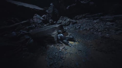 Dead Knight Discovered in Dark Cave Surrounded By Jagged Rocks and Shadows
