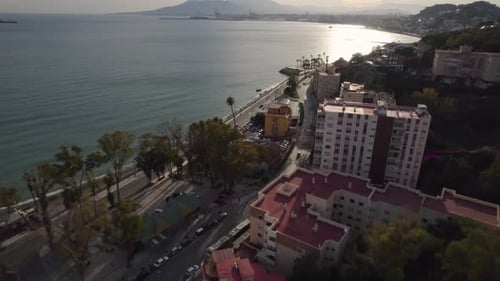 Drone aerial landscape waterfront afternoon sunset buildings apartments street travel tourism coastl