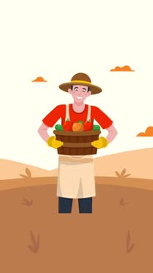 Happy Cartoon Farmer Holding Fresh Vegetable Basket Animation