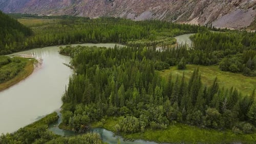 Aerial View of the Chuya River Flowing in the Mountain Valley