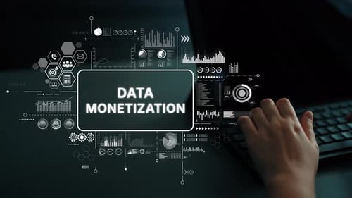 Imagen conceptual de monetización de datos con manos en el teclado con gráficos e íconos. Inteligente asintótico