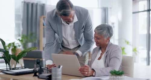 Meeting, laptop and management with a business team talking while working together in a professional