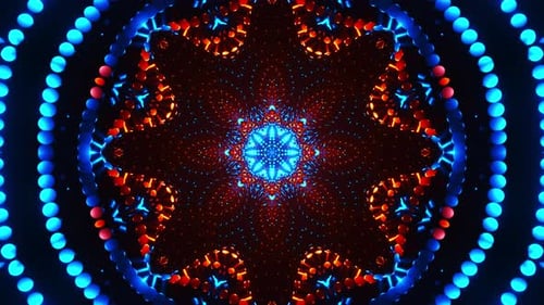 Buntes abstraktes Design mit blauen und orangefarbenen Lichtern. Kaleidoskop VJ Loop