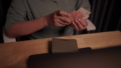 Working woman counting money from wallet, financial problems, savings planning, finances