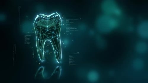 Loop Futuristic Digital Tooth Hologram in Plexus Style on Glowing Blue Background