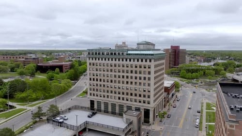 Flint Michigan Aerial Drone up and reveal city