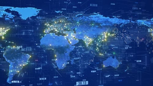 Futuristic Digital World Map with Global Data Network Animation