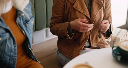 Women, hands and friends with coffee at cafe for social meeting, reunion connection