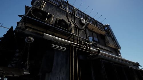 Urban Building with Intricate Pipework Against a Clear Blue Sky