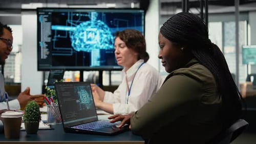 Tech Startup Office Programmers Doing Business Meeting About Neural Network Tech