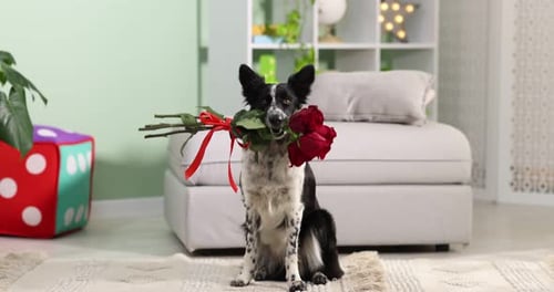 Cute Border Collie dog with red roses indoors