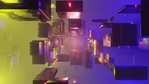 Sci-fi tunnel in a foggy space with rotating geometry shrinks and expands 3d render. Industrial