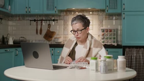 Woman Sorting Pills During a Telemedicine Consultation