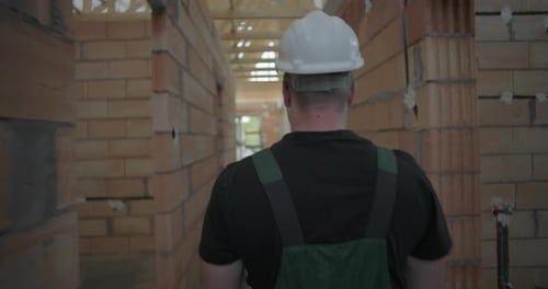 Male worker walking through hallway of unfinished building, wearing helmet, inspecting the area