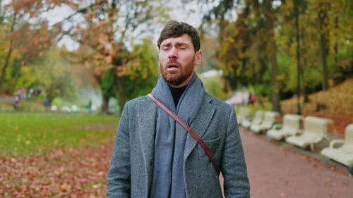 In Autumn Park Sick Handsome Young Man Coughs Feel Unhealthy Virus Face Illness Infection Allergic