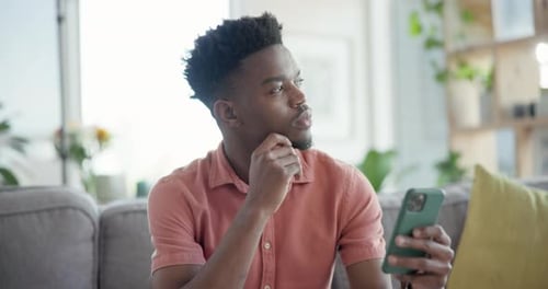 Home, thinking and black man with smartphone, connection and ideas with solution