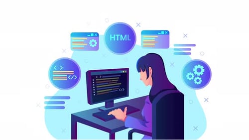 Modern Illustration of a Developer Coding with HTML and Tech Icons