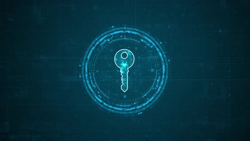Blue digital security key logo and circle futuristic HUD elements