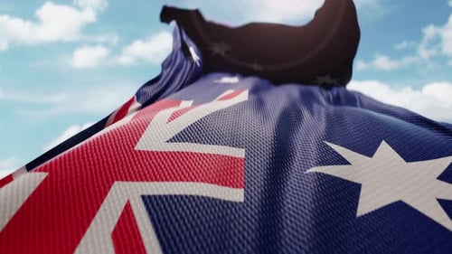 Realistic 3D Australian Flag Waving Against Blue Sky