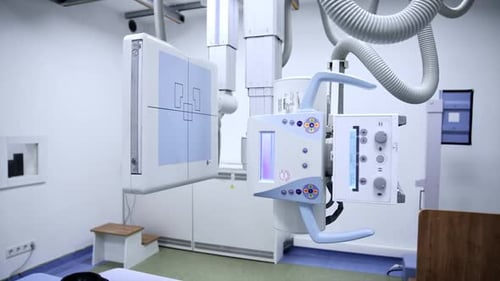 Modern innovative X-ray equipment in up-to-date hospital. Radiological room in clinic with no people