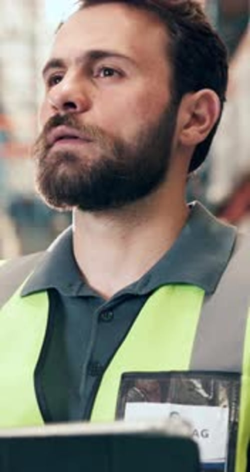 Man, inspection and scroll in warehouse with tablet, supply chain and logistics for quality