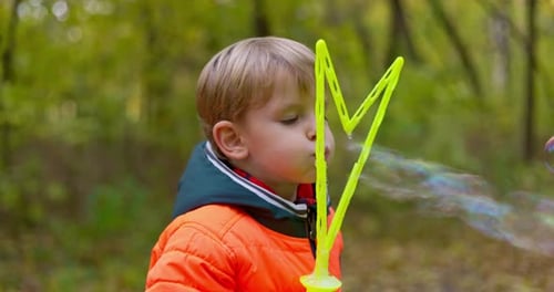Happy Caucasian Child Playing with Soap Bubbles in a Fall Park