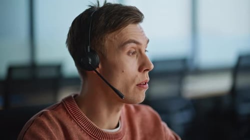 Smiling Man Working Telemarketing Center Portrait Hotline Conversation Concept